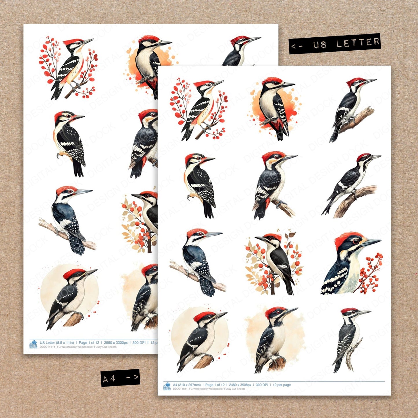 A4 and US Letter format comparison showing Watercolour Woodpecker fussy cut pages for print and cut crafting