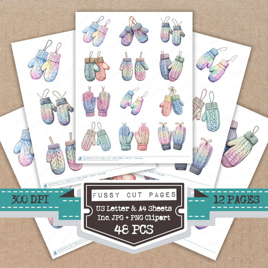 Watercolour Wool Mittens fussy cut printable sheets for junk journaling, scrapbooking, and paper craft projects