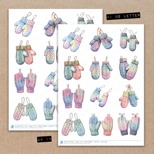 A4 and US Letter format comparison showing Watercolour Wool Mittens fussy cut pages for print and cut crafting