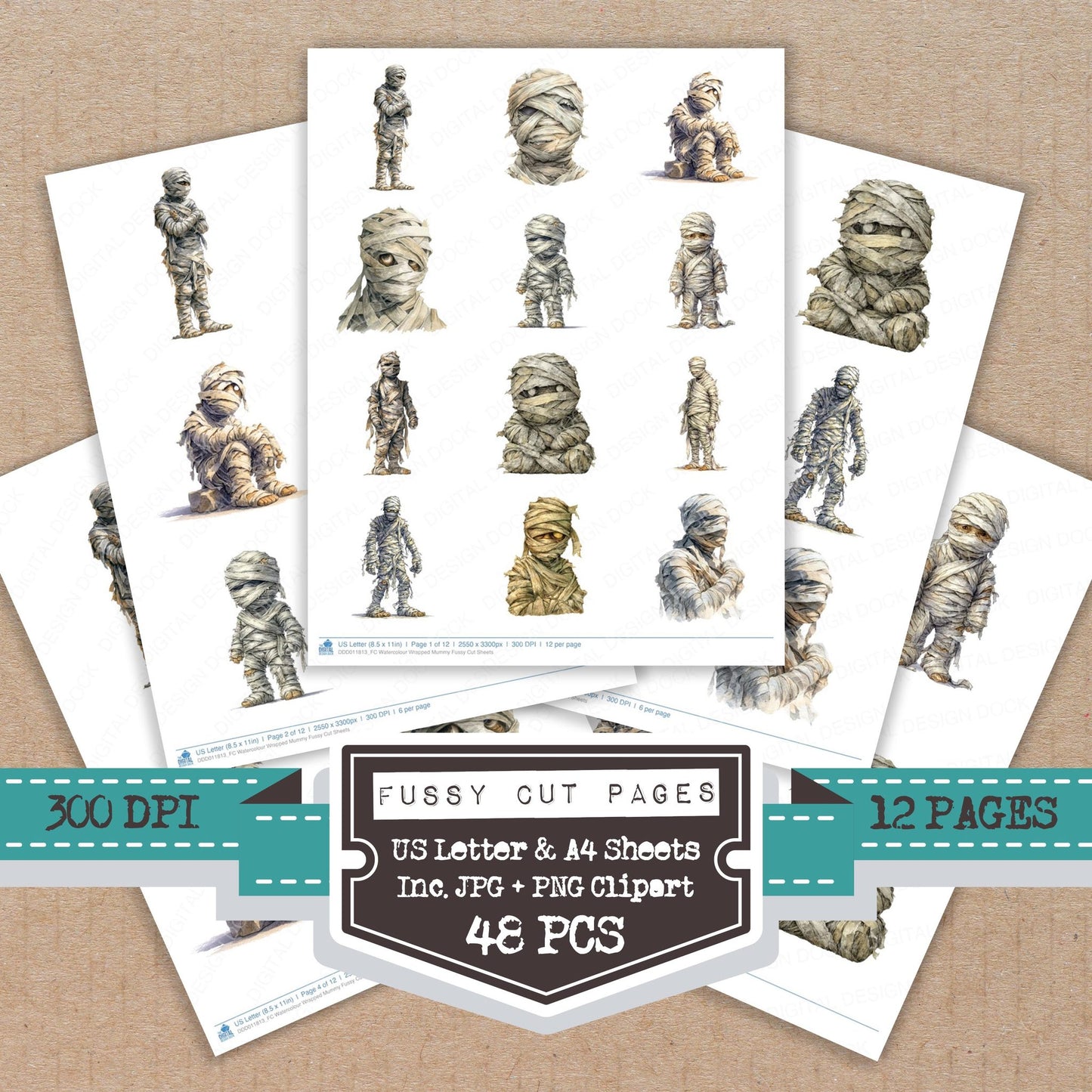 Watercolour Wrapped Mummy fussy cut printable sheets for junk journaling, scrapbooking, and paper craft projects