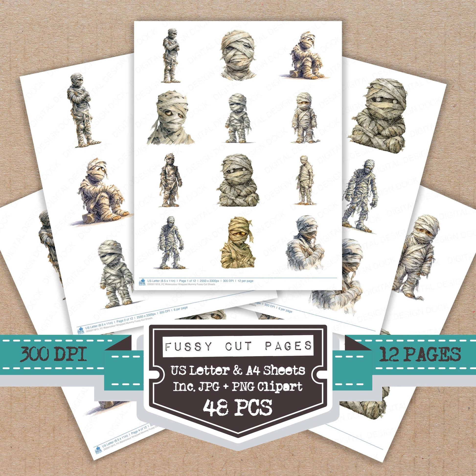 Watercolour Wrapped Mummy fussy cut printable sheets for junk journaling, scrapbooking, and paper craft projects