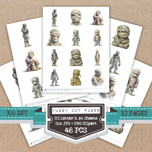 Watercolour Wrapped Mummy fussy cut printable sheets for junk journaling, scrapbooking, and paper craft projects