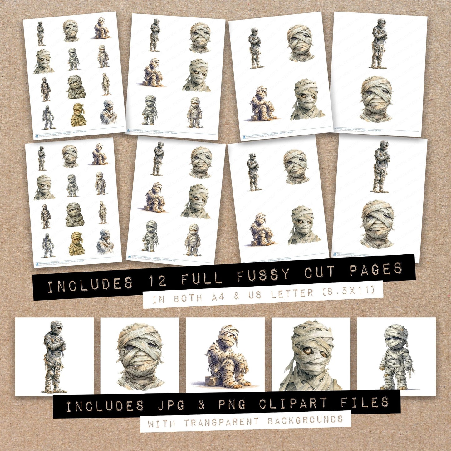 Full collection view of Watercolour Wrapped Mummy fussy cut sheets with bonus clipart JPG and PNG files