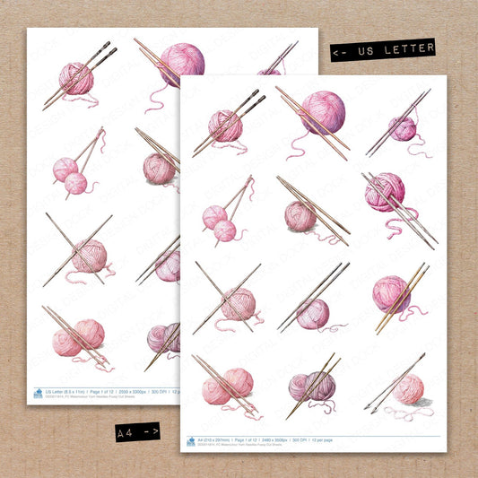 A4 and US Letter format comparison showing Watercolour Yarn Needles fussy cut pages for print and cut crafting