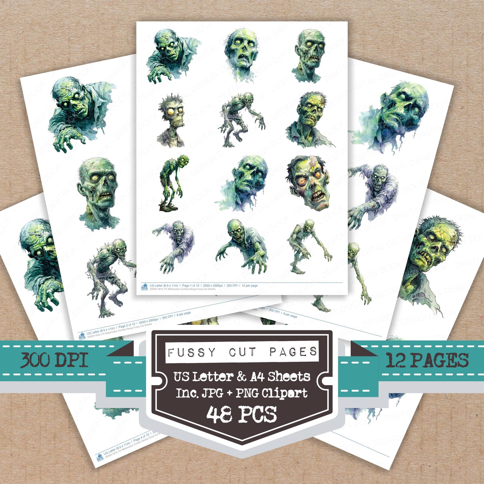 Watercolour Zombie Decay fussy cut printable sheets for junk journaling, scrapbooking, and paper craft projects