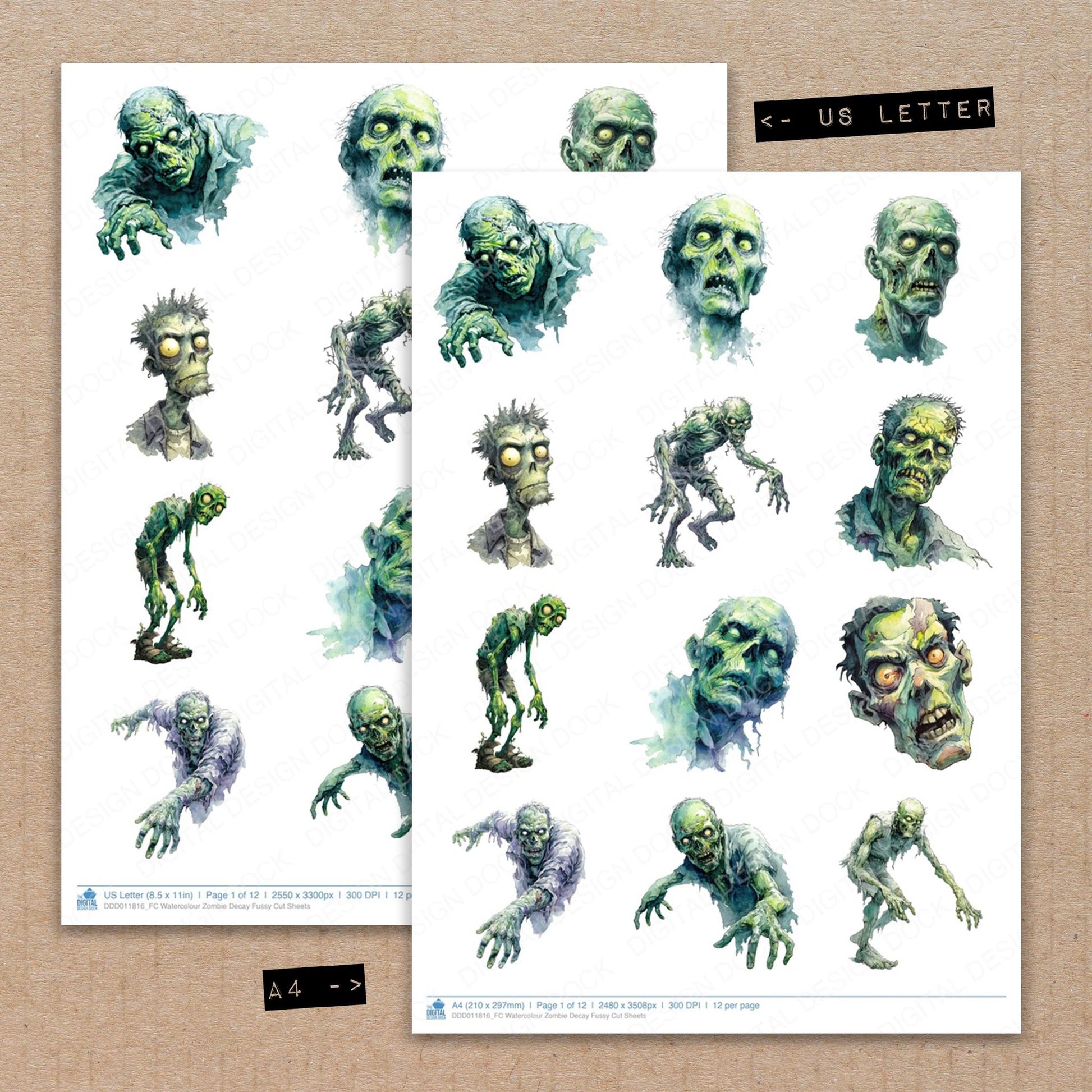 A4 and US Letter format comparison showing Watercolour Zombie Decay fussy cut pages for print and cut crafting