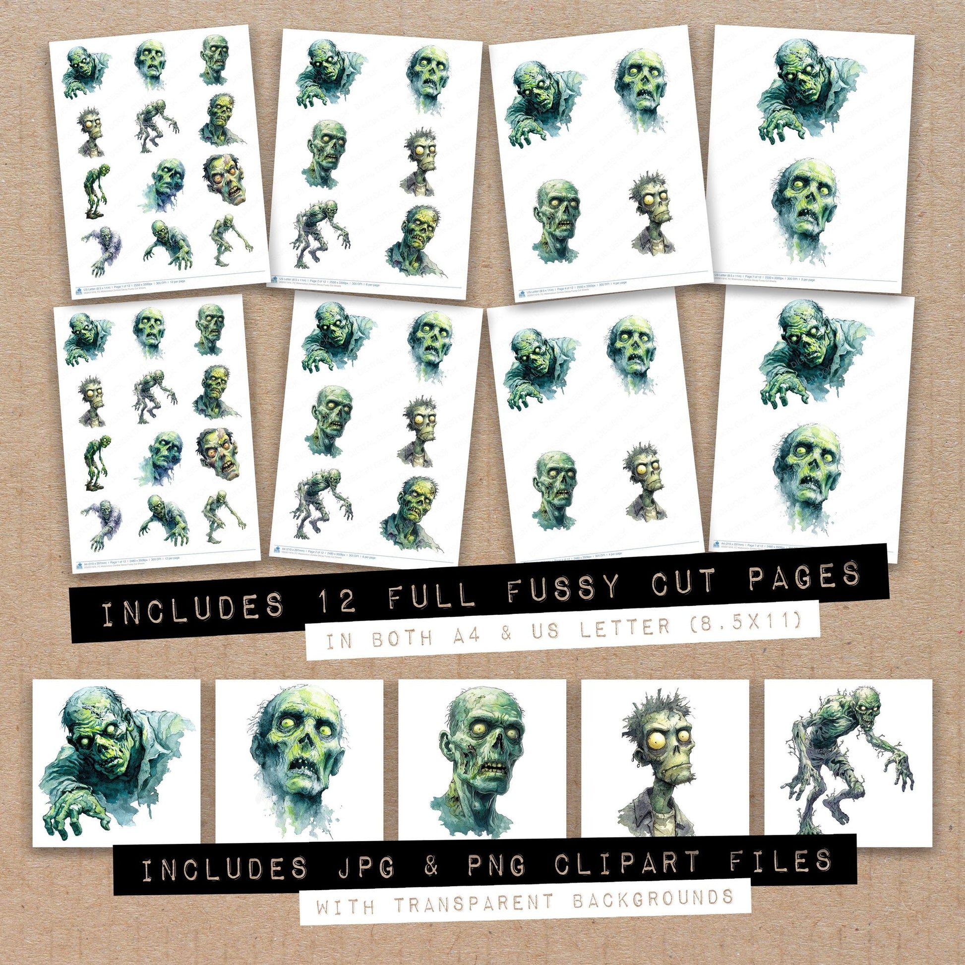 Full collection view of Watercolour Zombie Decay fussy cut sheets with bonus clipart JPG and PNG files