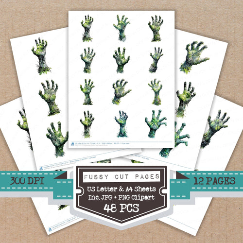Watercolour Zombie Hand fussy cut printable sheets for junk journaling, scrapbooking, and paper craft projects