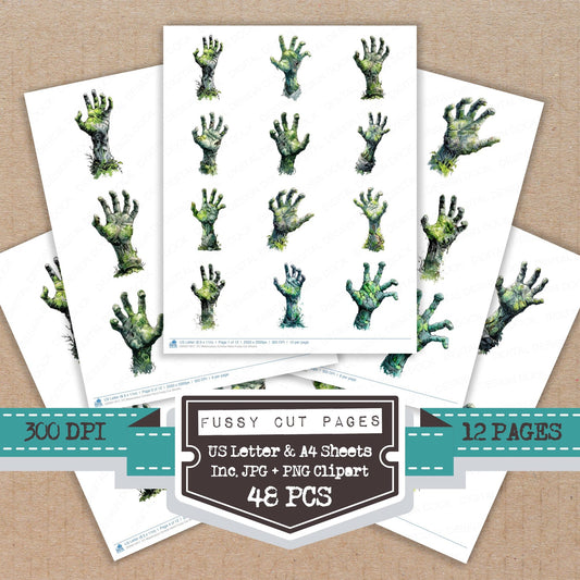 Watercolour Zombie Hand fussy cut printable sheets for junk journaling, scrapbooking, and paper craft projects