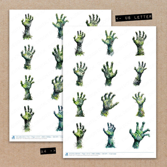 A4 and US Letter format comparison showing Watercolour Zombie Hand fussy cut pages for print and cut crafting