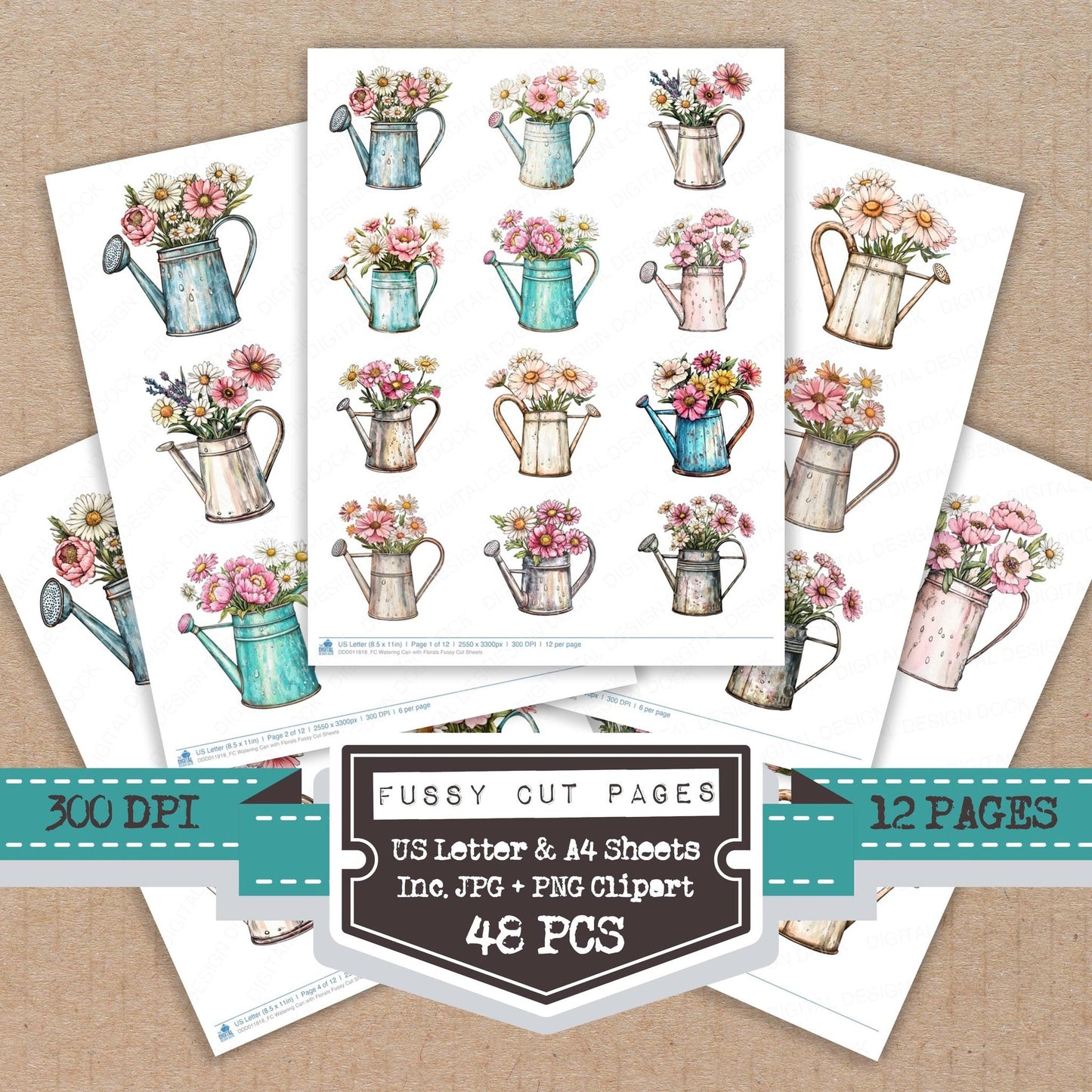 Watering Can with Florals Fussy Cut Sheets (DDD011818)