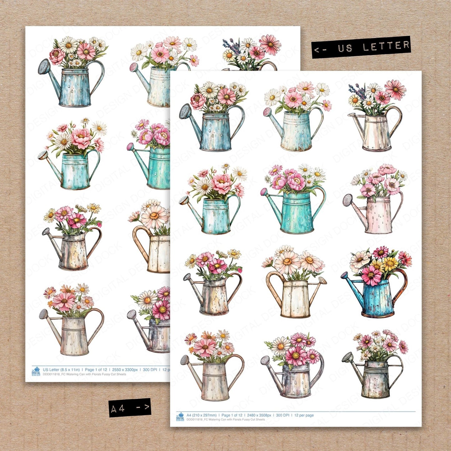 Watering Can with Florals Fussy Cut Sheets (DDD011818)