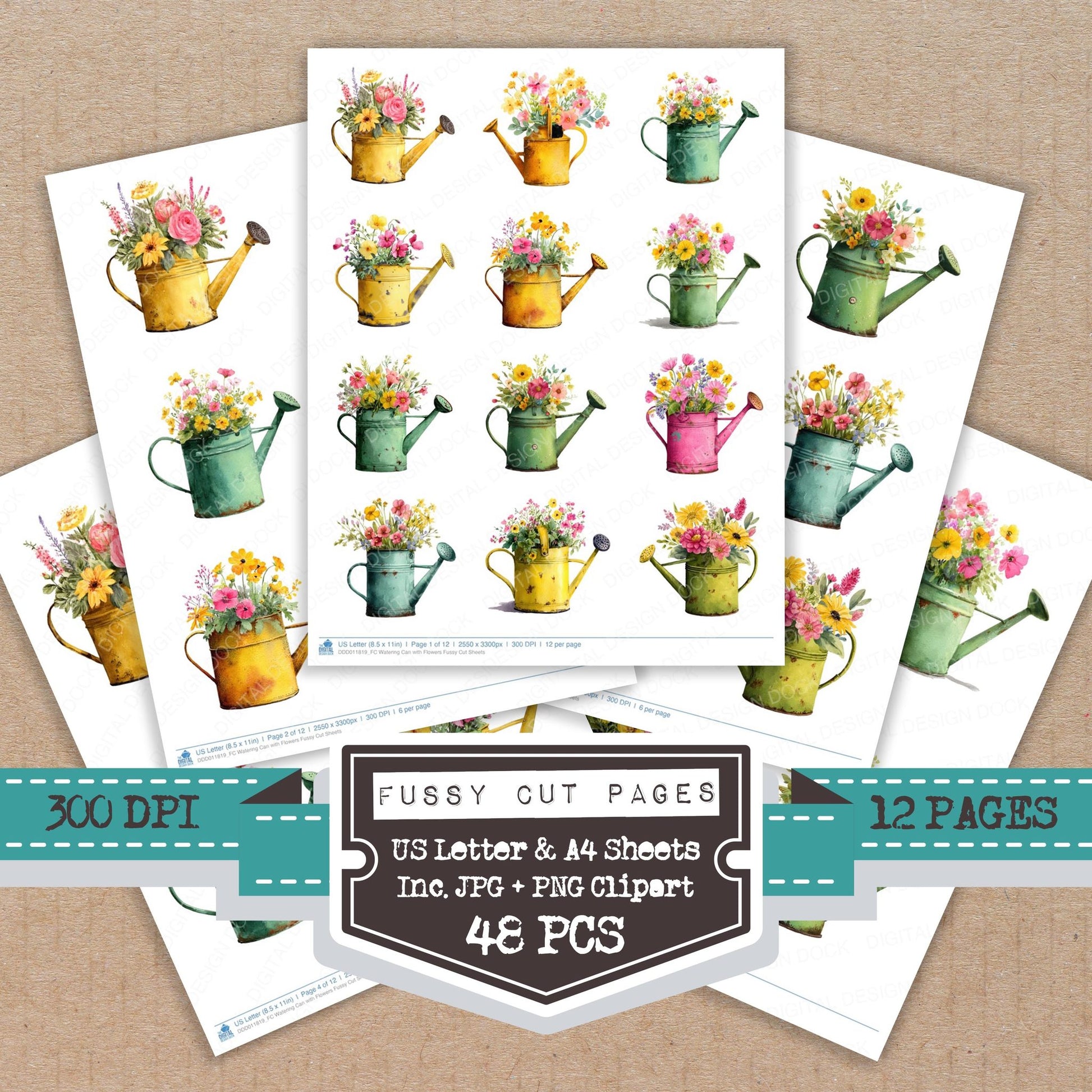 Watering Can with Flowers fussy cut printable sheets for junk journaling, scrapbooking, and paper craft projects