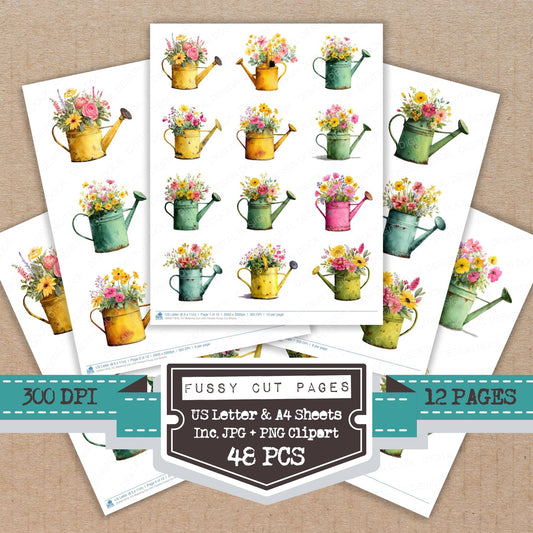 Watering Can with Flowers fussy cut printable sheets for junk journaling, scrapbooking, and paper craft projects