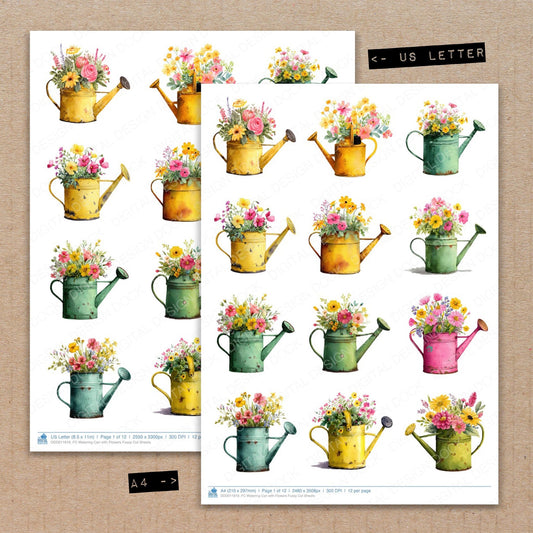 A4 and US Letter format comparison showing Watering Can with Flowers fussy cut pages for print and cut crafting