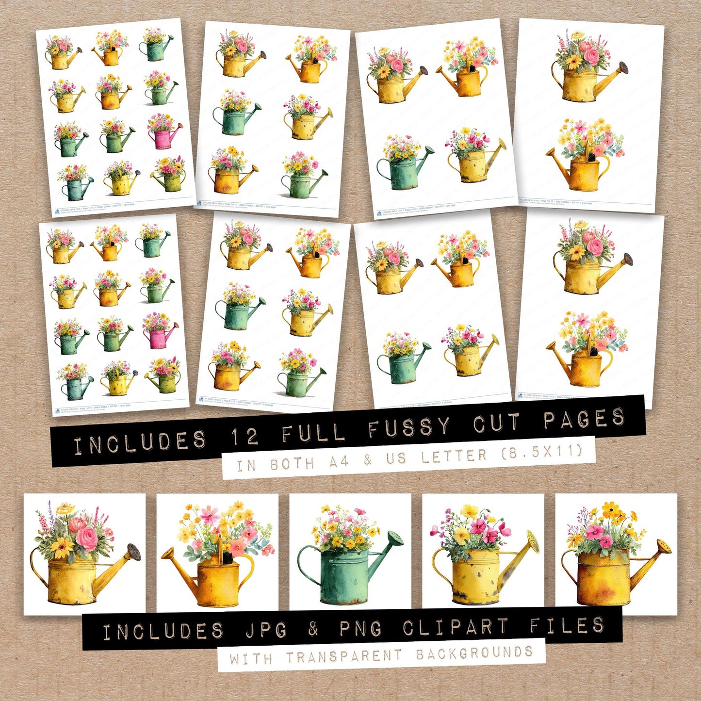 Full collection view of Watering Can with Flowers fussy cut sheets with bonus clipart JPG and PNG files