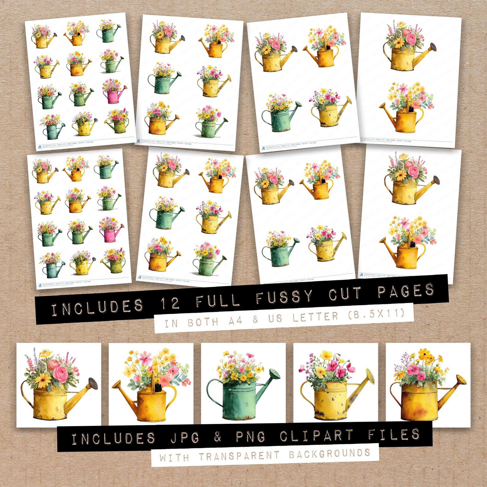 Full collection view of Watering Can with Flowers fussy cut sheets with bonus clipart JPG and PNG files