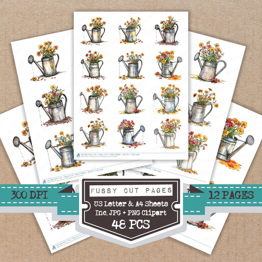 Watering Can with Marigolds fussy cut printable sheets for junk journaling, scrapbooking, and paper craft projects