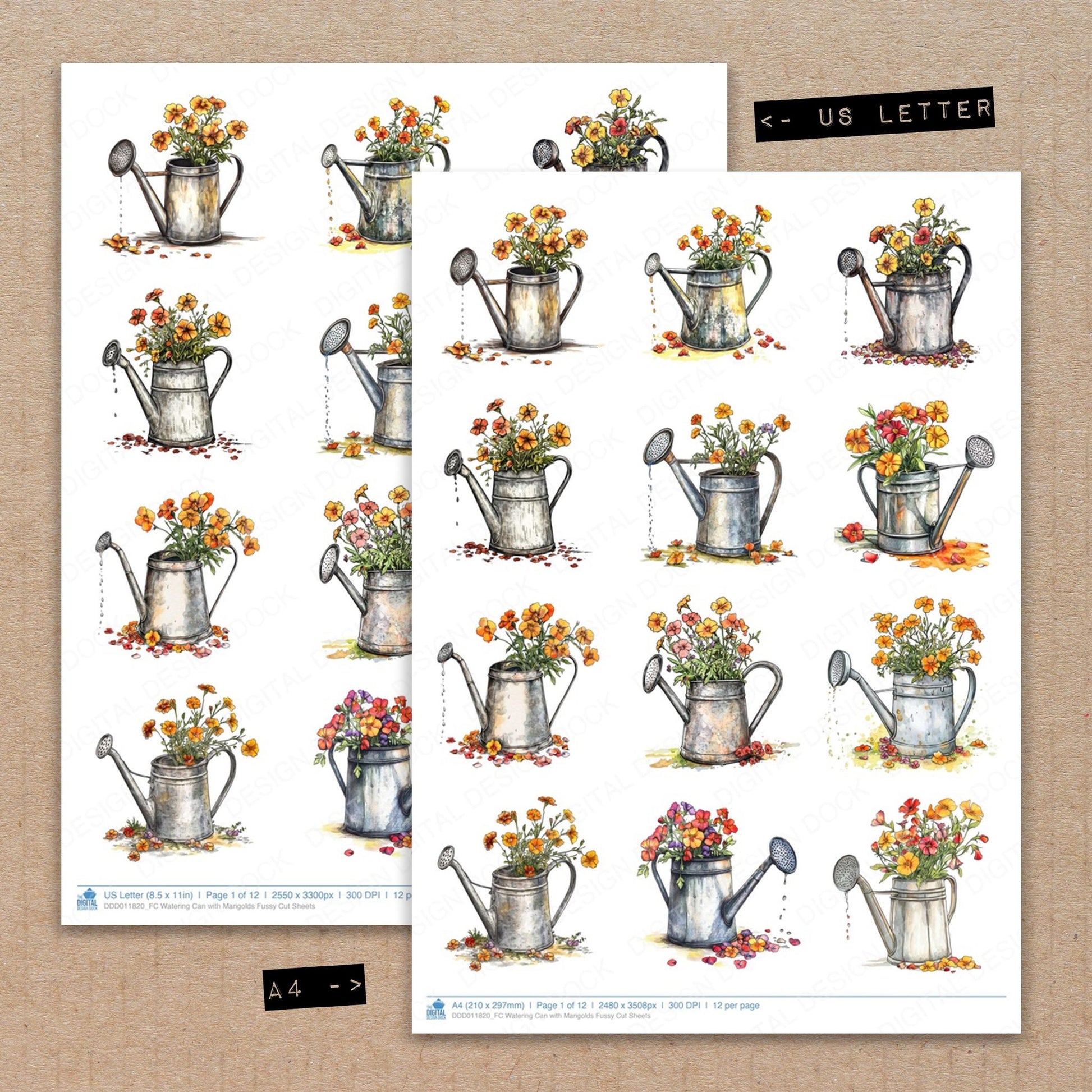 A4 and US Letter format comparison showing Watering Can with Marigolds fussy cut pages for print and cut crafting