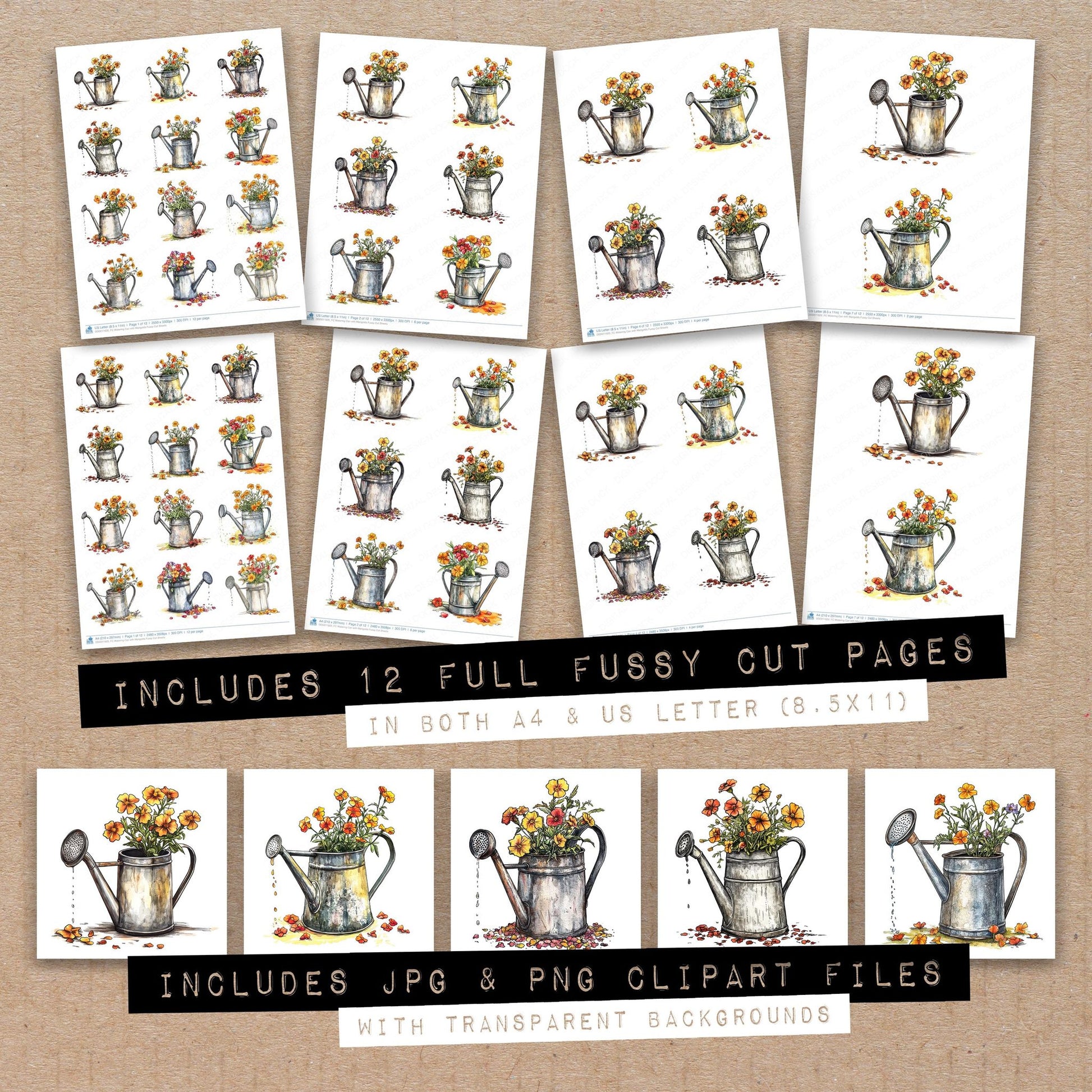 Full collection view of Watering Can with Marigolds fussy cut sheets with bonus clipart JPG and PNG files
