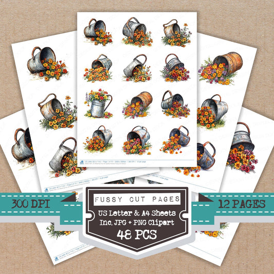 Watering Pail with Spilled Flowers fussy cut printable sheets for junk journaling, scrapbooking, and paper craft projects