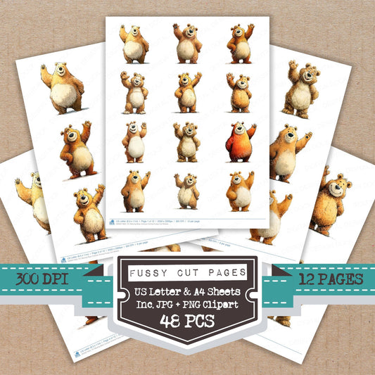 Waving Bear Cartoon Animal fussy cut printable sheets for junk journaling, scrapbooking, and paper craft projects