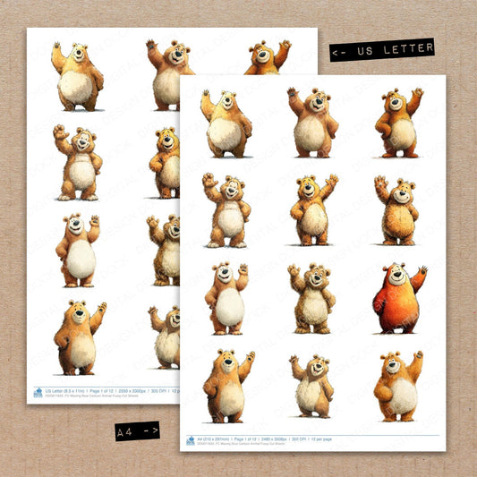 A4 and US Letter format comparison showing Waving Bear Cartoon Animal fussy cut pages for print and cut crafting