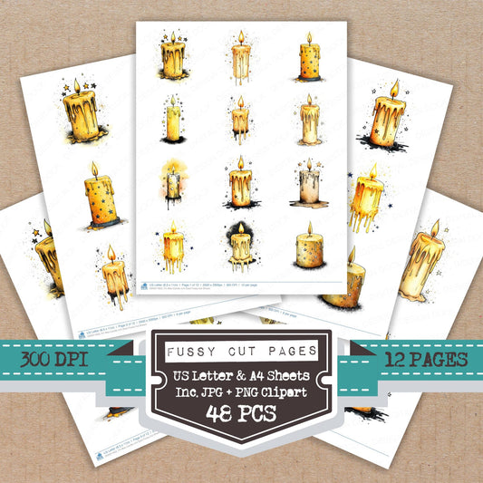 Wax Candle and Stars fussy cut printable sheets for junk journaling, scrapbooking, and paper craft projects