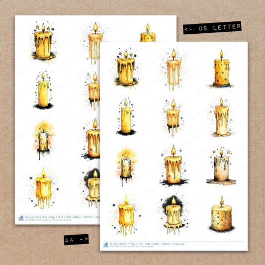 A4 and US Letter format comparison showing Wax Candle and Stars fussy cut pages for print and cut crafting