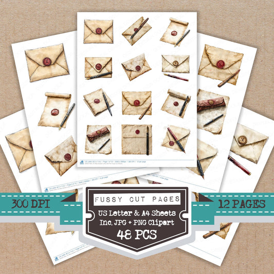 Wax Sealed Letter with Pen fussy cut printable sheets for junk journaling, scrapbooking, and paper craft projects
