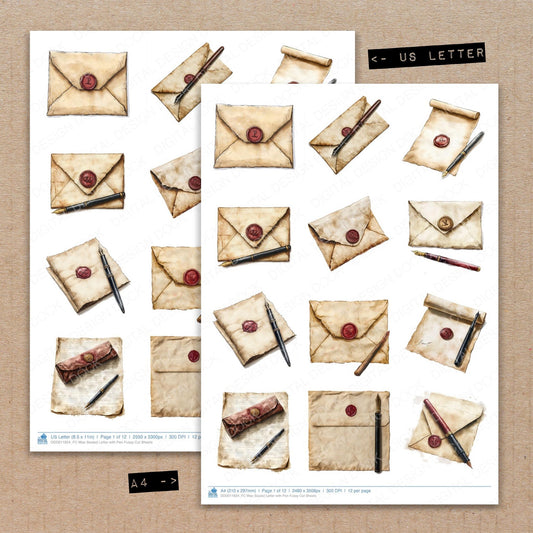 A4 and US Letter format comparison showing Wax Sealed Letter with Pen fussy cut pages for print and cut crafting