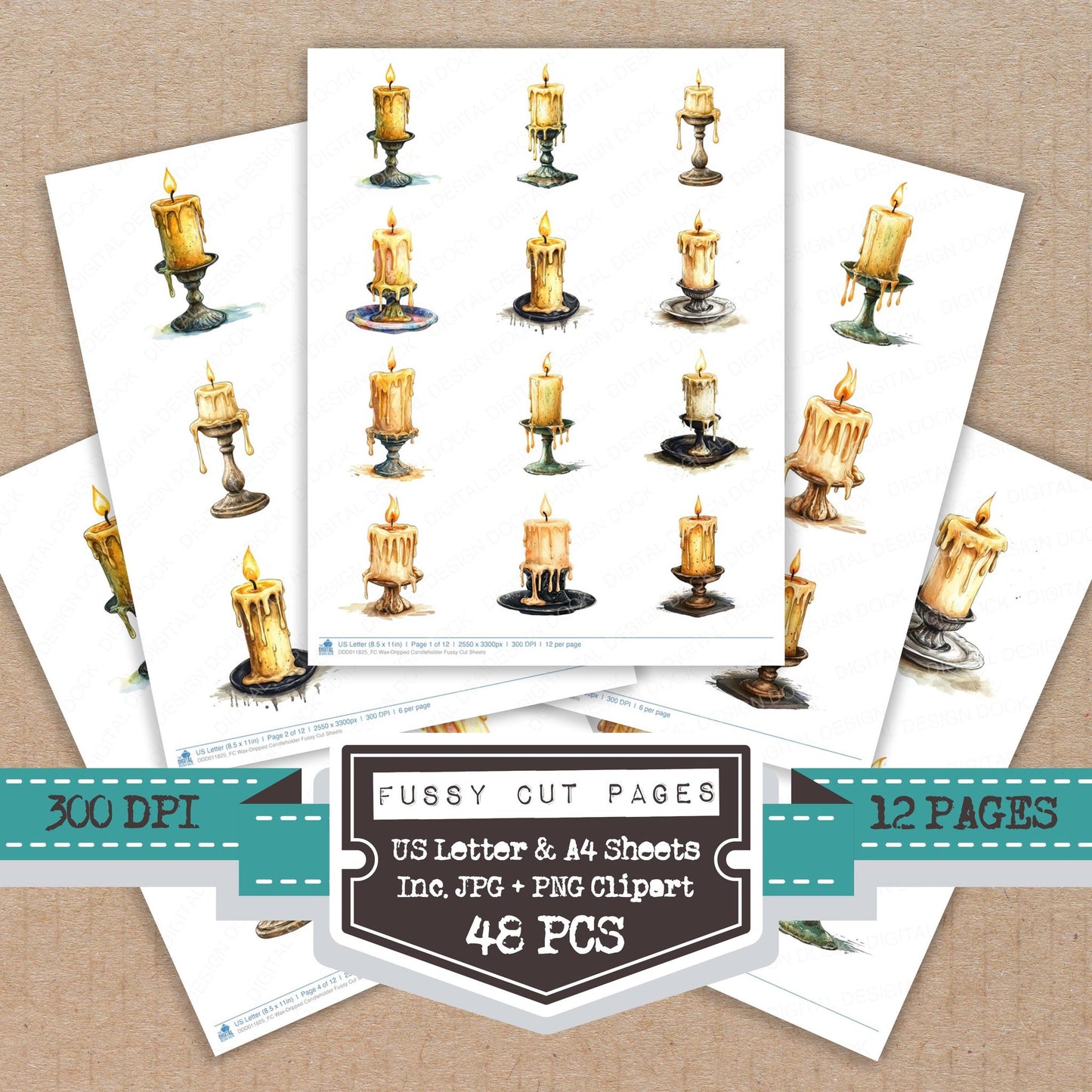 Wax-Dripped Candleholder fussy cut printable sheets for junk journaling, scrapbooking, and paper craft projects