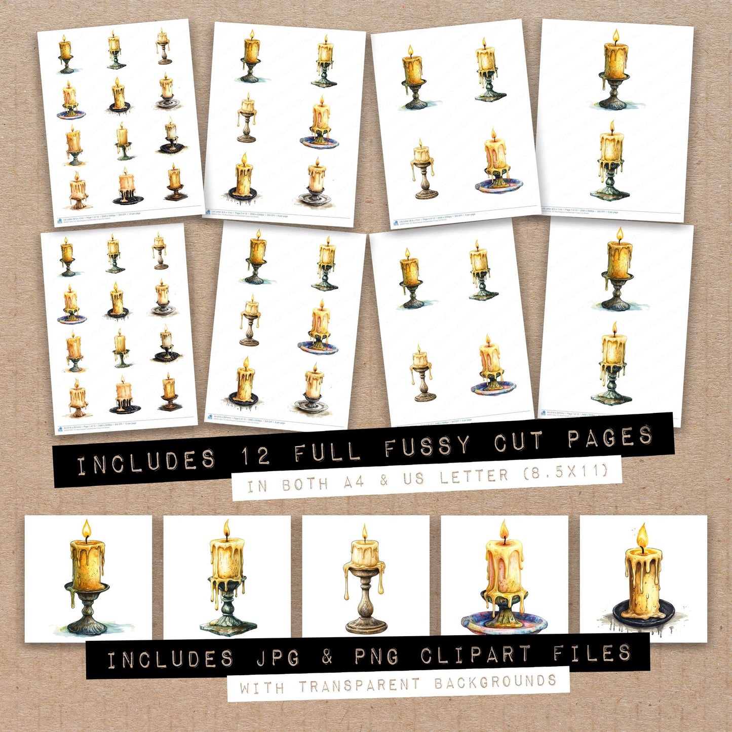 Full collection view of Wax-Dripped Candleholder fussy cut sheets with bonus clipart JPG and PNG files
