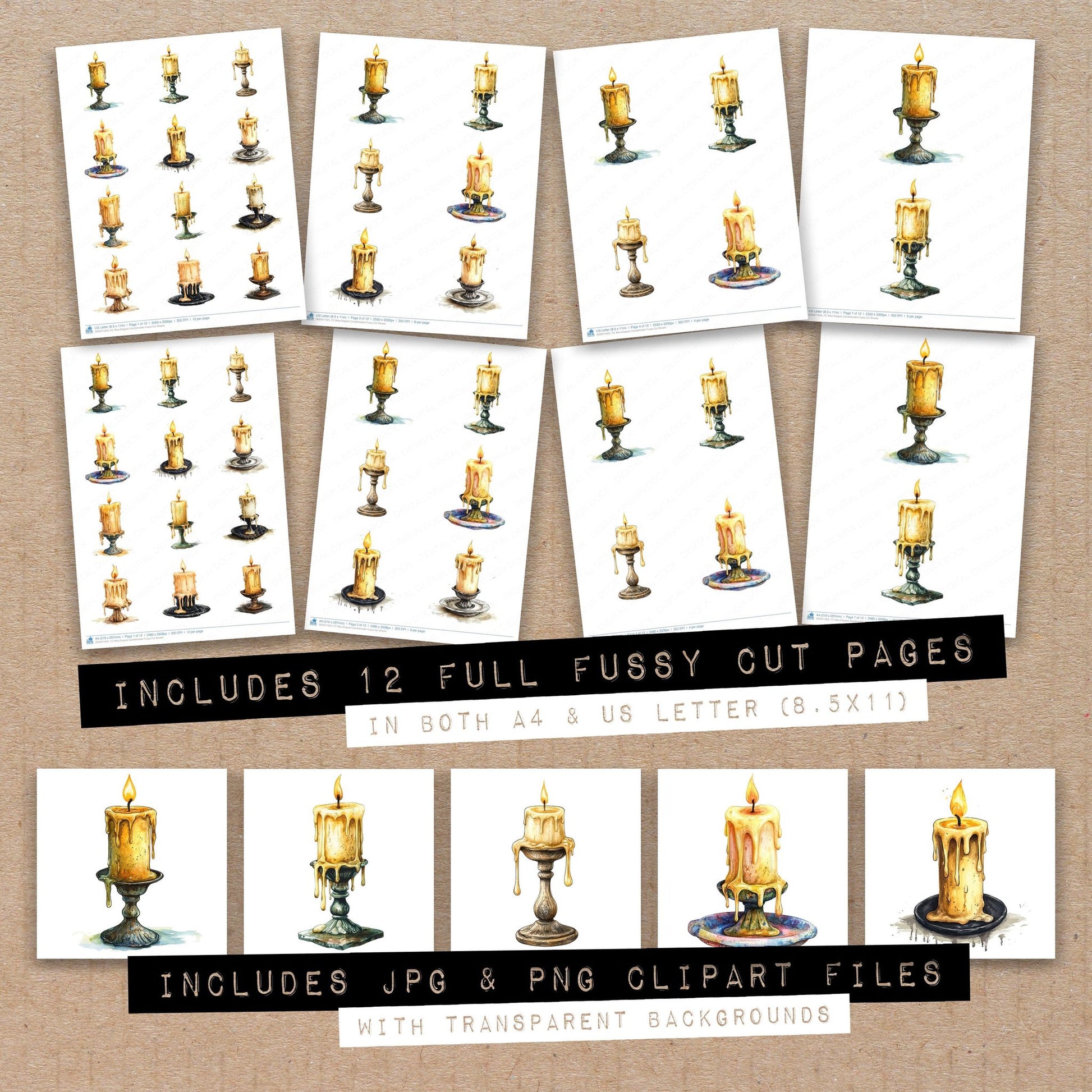 Full collection view of Wax-Dripped Candleholder fussy cut sheets with bonus clipart JPG and PNG files