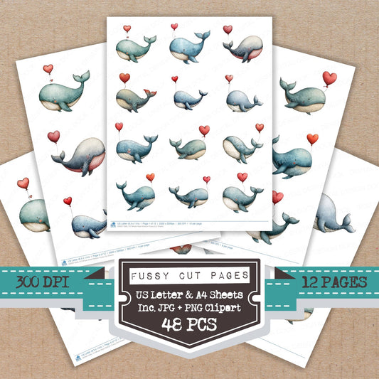 Whale Heart Balloon fussy cut printable sheets for junk journaling, scrapbooking, and paper craft projects
