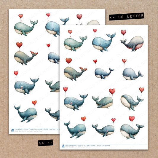 A4 and US Letter format comparison showing Whale Heart Balloon fussy cut pages for print and cut crafting