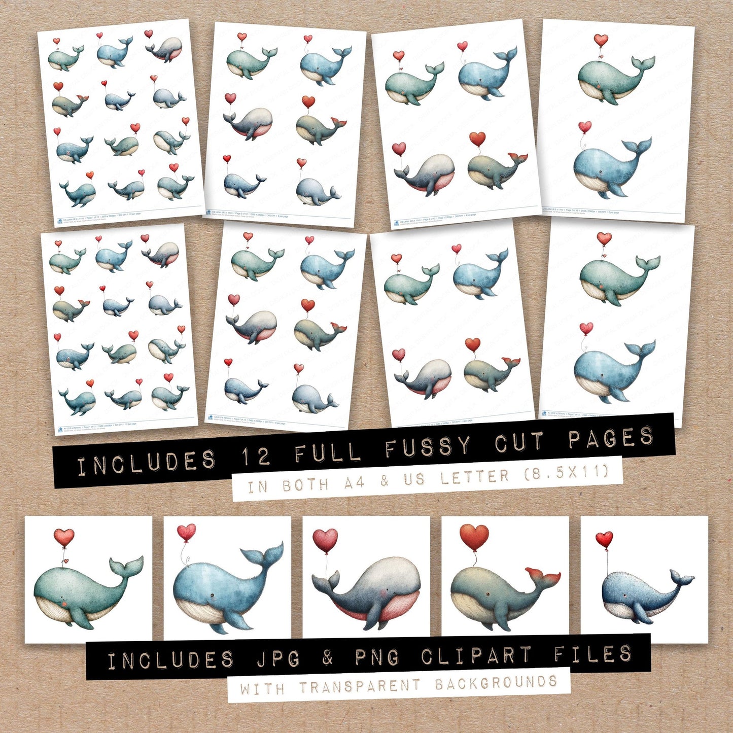 Full collection view of Whale Heart Balloon fussy cut sheets with bonus clipart JPG and PNG files