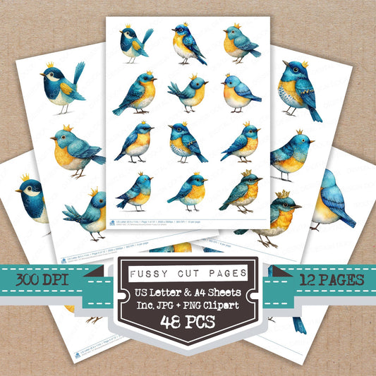 Whimsical Bluebird Crown fussy cut printable sheets for junk journaling, scrapbooking, and paper craft projects