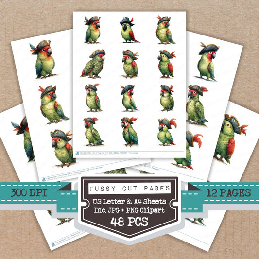 Whimsical Parrot Pirate Hat fussy cut printable sheets for junk journaling, scrapbooking, and paper craft projects