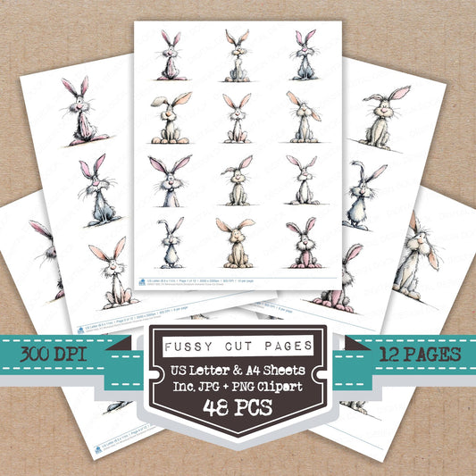 Whimsical Rabbit Storybook Character fussy cut printable sheets for junk journaling, scrapbooking, and paper craft projects