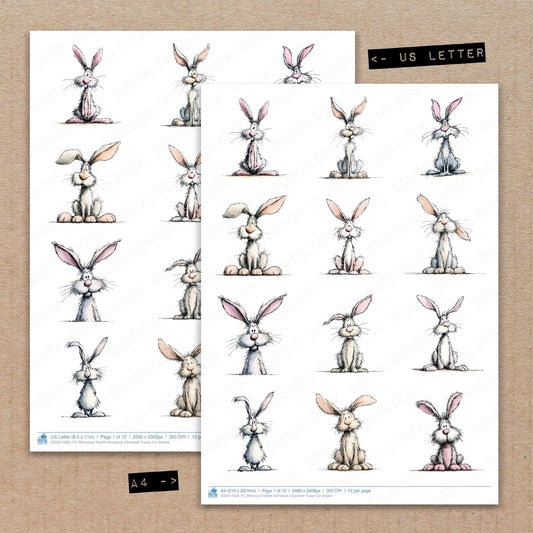 A4 and US Letter format comparison showing Whimsical Rabbit Storybook Character fussy cut pages for print and cut crafting