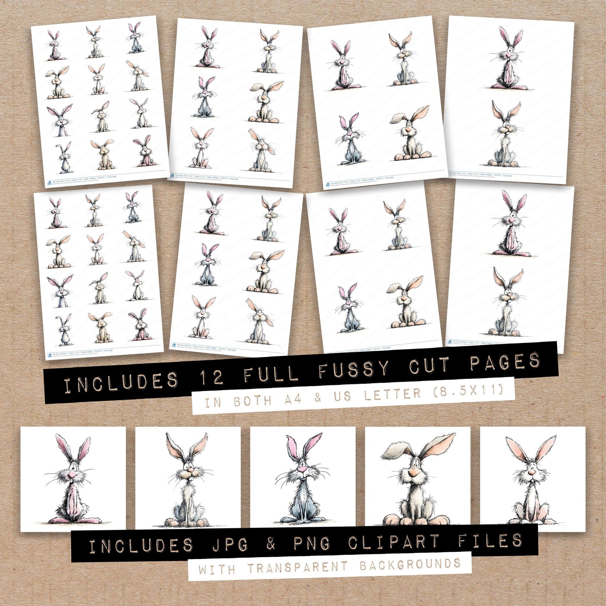 Full collection view of Whimsical Rabbit Storybook Character fussy cut sheets with bonus clipart JPG and PNG files