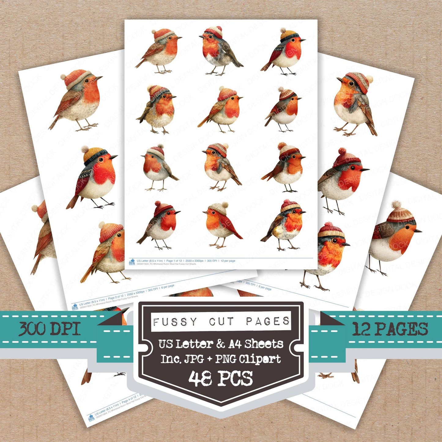 Whimsical Robin Wool Hat fussy cut printable sheets for junk journaling, scrapbooking, and paper craft projects
