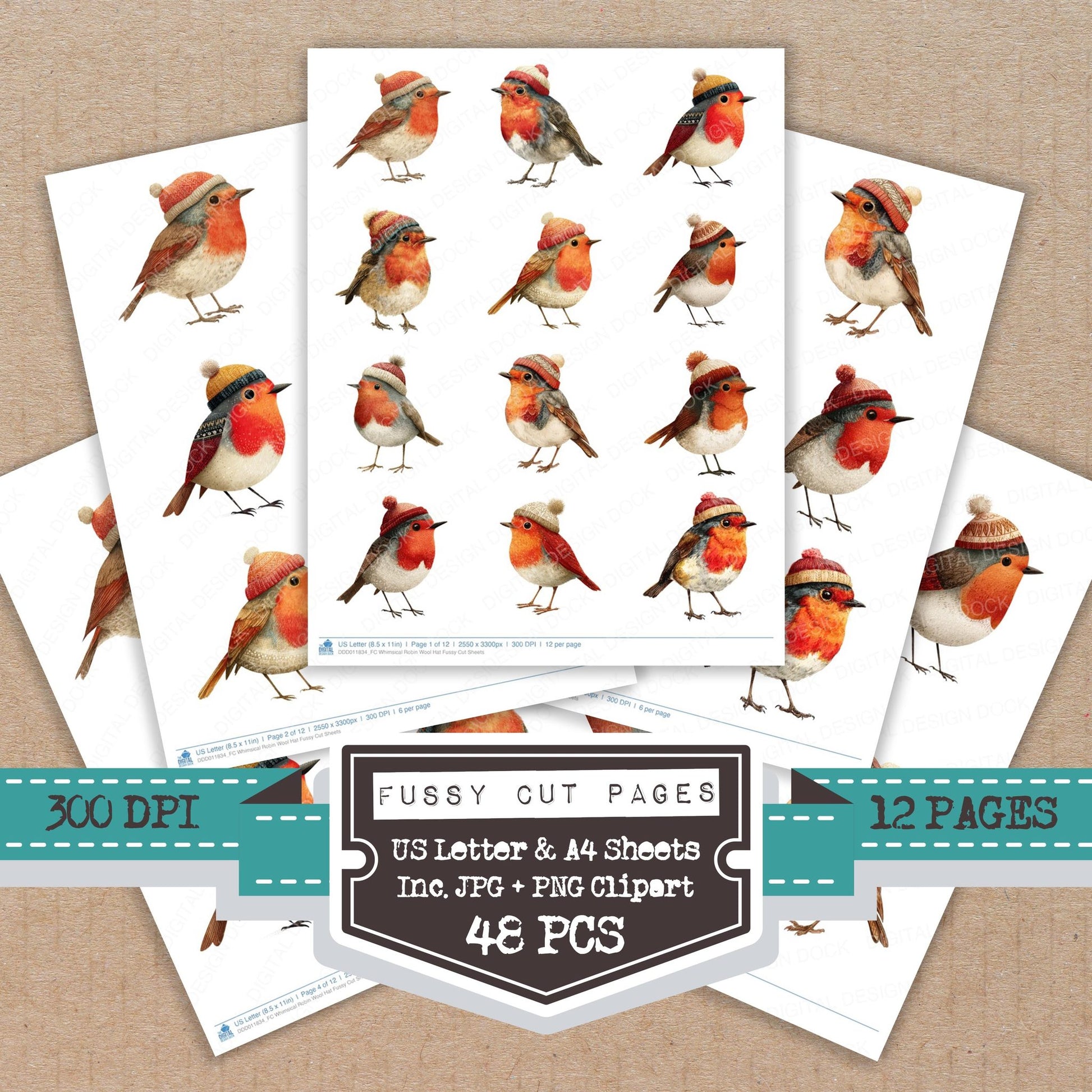 Whimsical Robin Wool Hat fussy cut printable sheets for junk journaling, scrapbooking, and paper craft projects