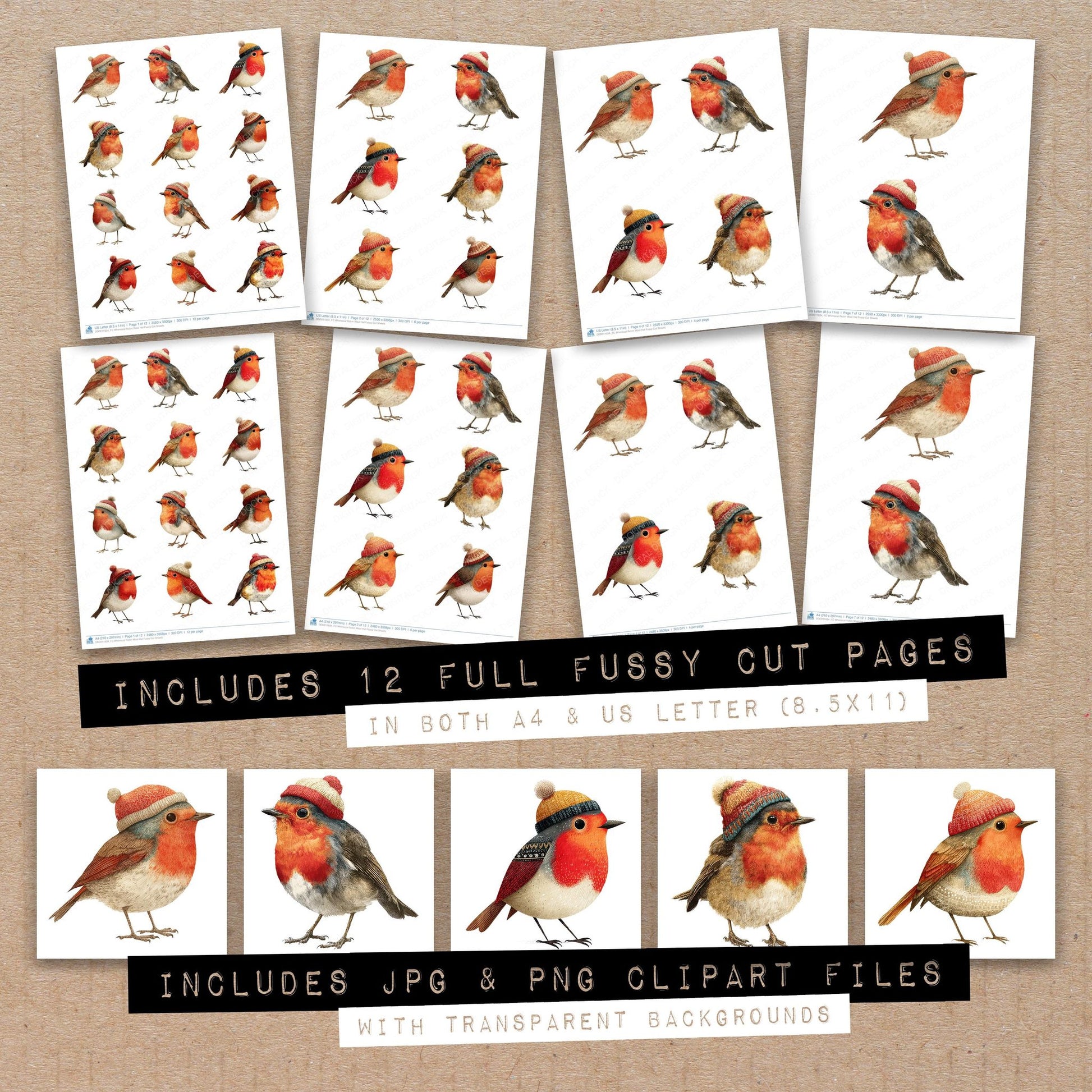 Full collection view of Whimsical Robin Wool Hat fussy cut sheets with bonus clipart JPG and PNG files