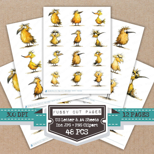 Whimsical Scruffy Bird Character fussy cut printable sheets for junk journaling, scrapbooking, and paper craft projects