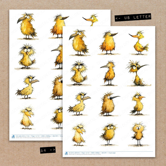 A4 and US Letter format comparison showing Whimsical Scruffy Bird Character fussy cut pages for print and cut crafting