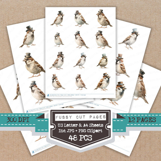 Whimsical Sparrow Top Hat fussy cut printable sheets for junk journaling, scrapbooking, and paper craft projects