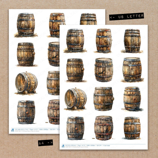 A4 and US Letter format comparison showing Whiskey Barrel fussy cut pages for print and cut crafting