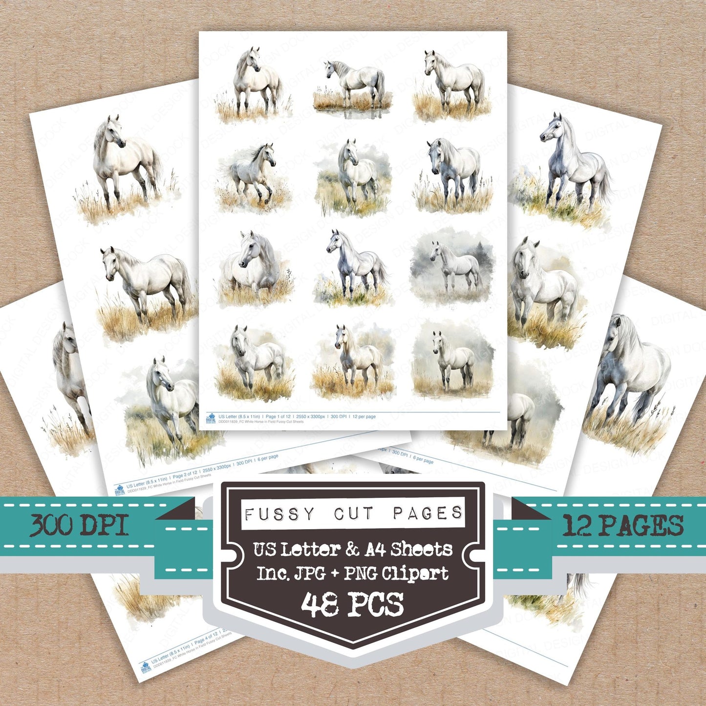 White Horse in Field fussy cut printable sheets for junk journaling, scrapbooking, and paper craft projects